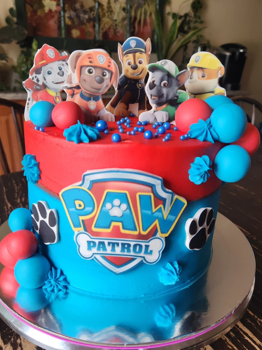 Paw Patrol themed cake with character toppers and fondant decorations